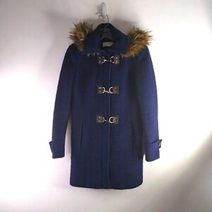 Calvin Klein Blue Wool Blend Toggle Zipper Hood Duffle Jacket Coat Size 4